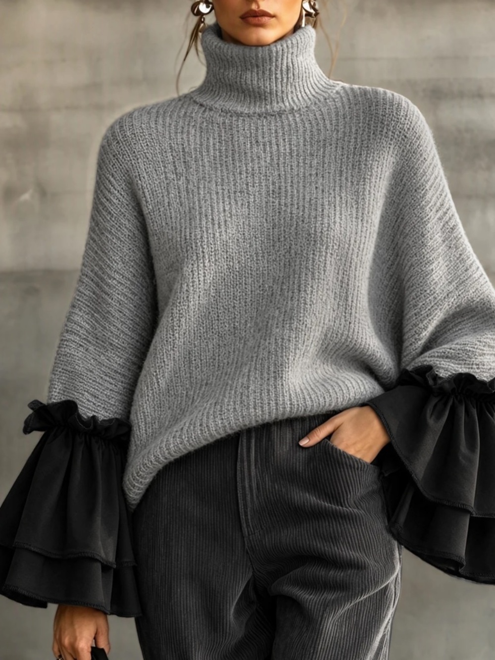 Cozy Solid Turtleneck Ruffle Sleeve Knit Sweater Top